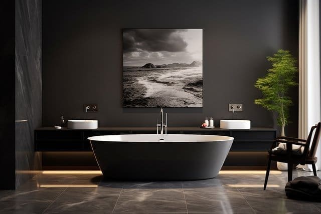3d rendered Minimal style black theme Modern bathroom interior design with bathtub