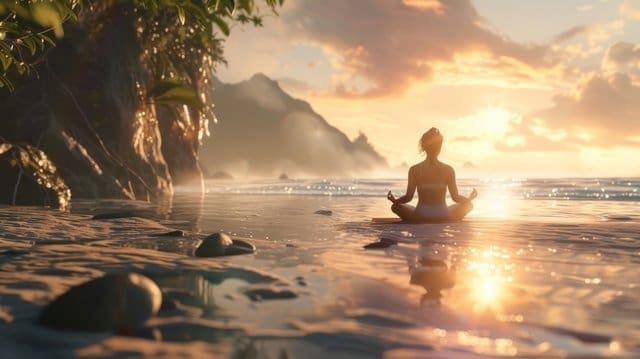 Serene yoga session on a beach at sunrise