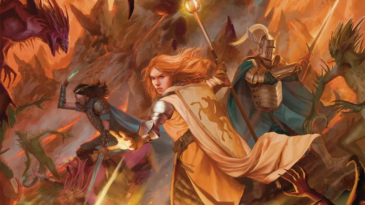 Fantasy warriors in armor battle monstrous creatures in a fiery, volcanic landscape inspired by Dungeons & Dragons.