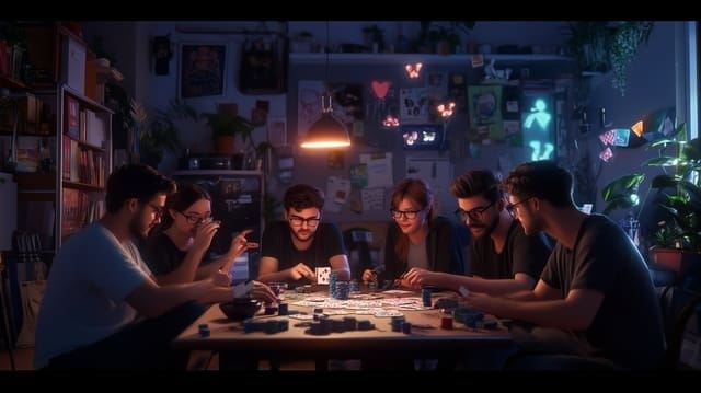 Friends are engaged in a spirited board game session at night, surrounded by soft lighting. The atmosphere is lively with laughter and strategy as they enjoy their time together.