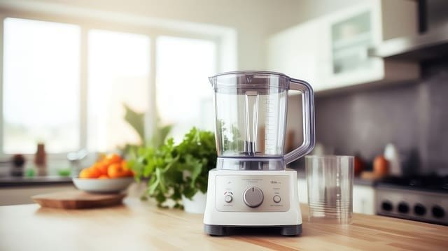 Modern electric blender on wooden table in kitchen.