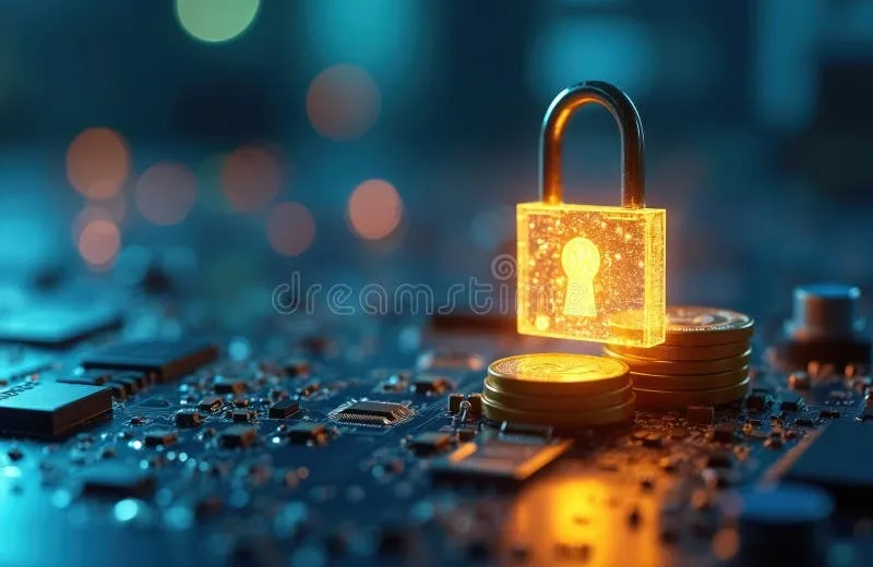 Glowing padlock on stacked coins over a circuit board symbolizing digital asset protection and cybersecurity.